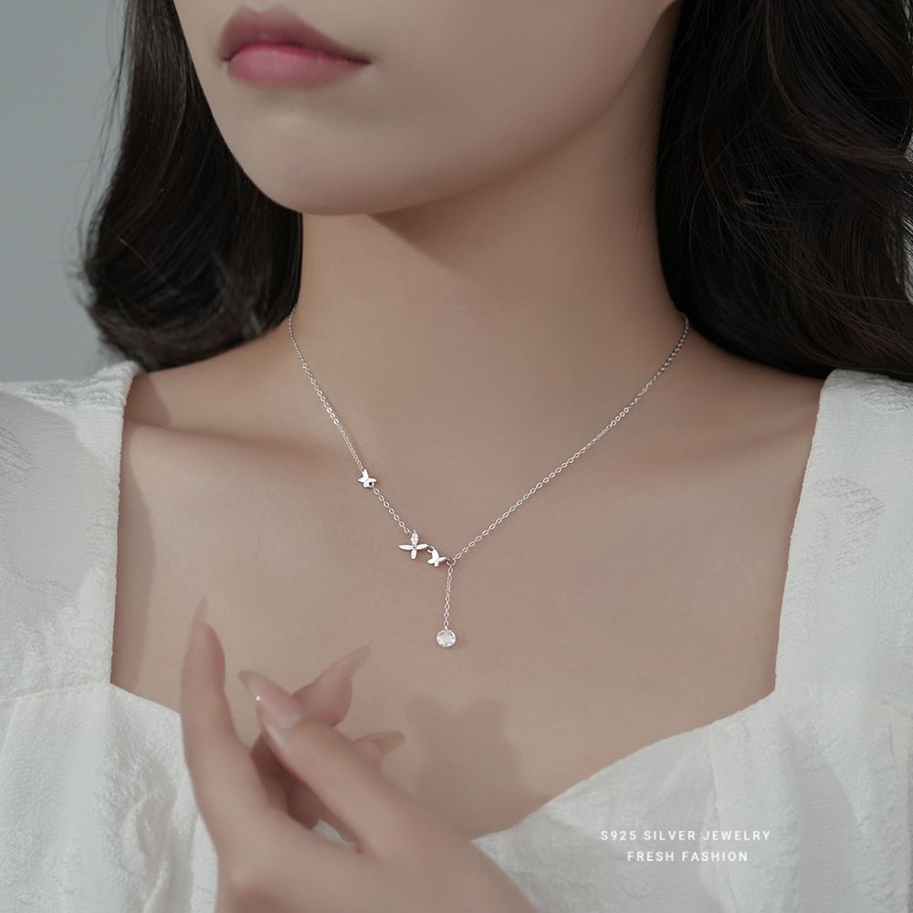 s925纯银双戴蝴蝶闪钻项链女轻奢百搭小众设计优雅气质锁骨链