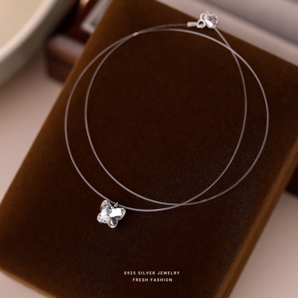 S925纯银透明鱼线蝴蝶项链女2025夏款时尚小清新设计感百搭锁骨链