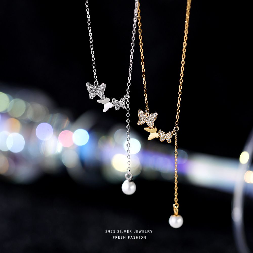s925纯银蝴蝶流苏圆珠吊坠项链轻奢小众设计轻奢感气质锁骨链代发