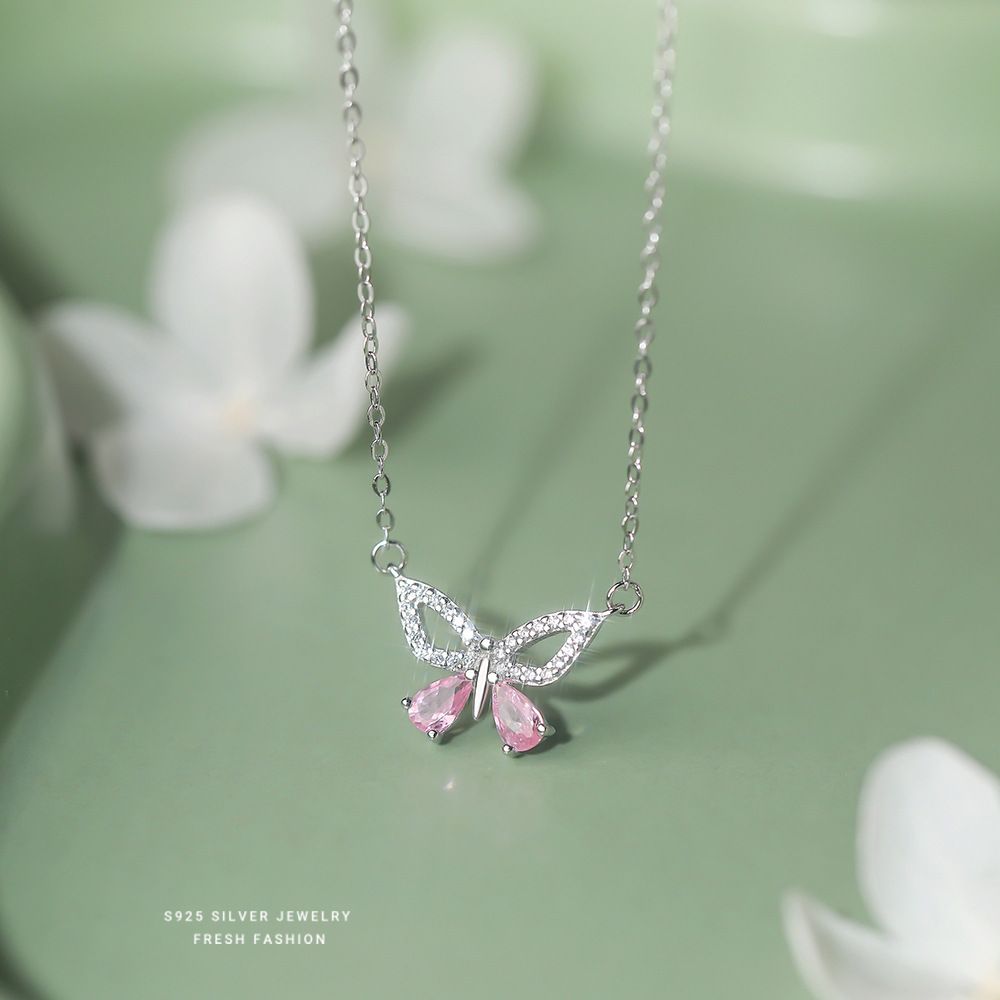 S925纯银小清新彩锆镂空蝴蝶项链女轻奢设计感简约夏季锆石锁骨链