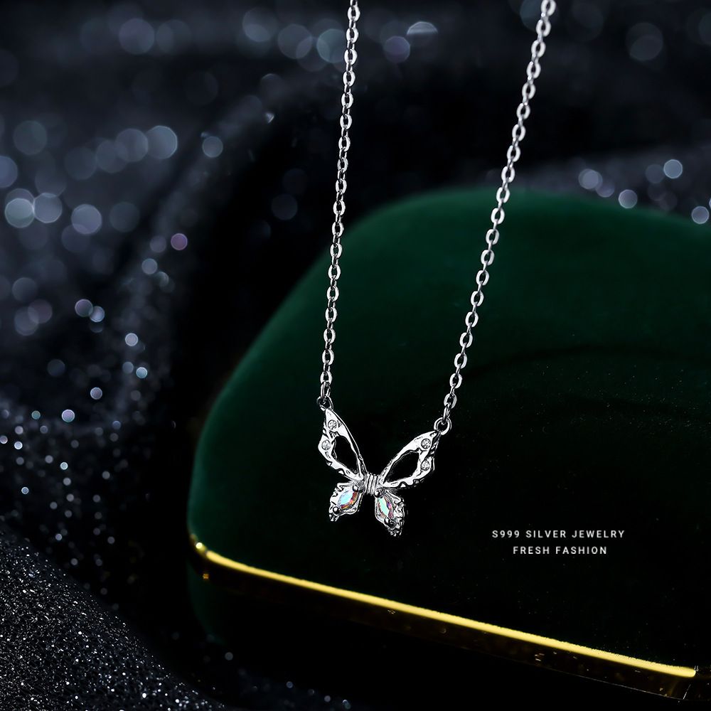 s999足银镂空蝴蝶项链女轻奢冷淡风设计小众高级感吊坠锁骨链