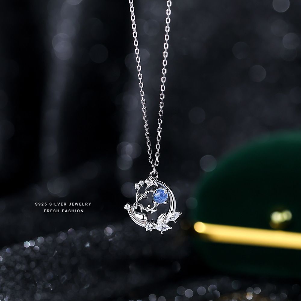 s925纯银蓝色琉璃石一路有你项链女高级感时尚百搭鹿角锁骨链原创