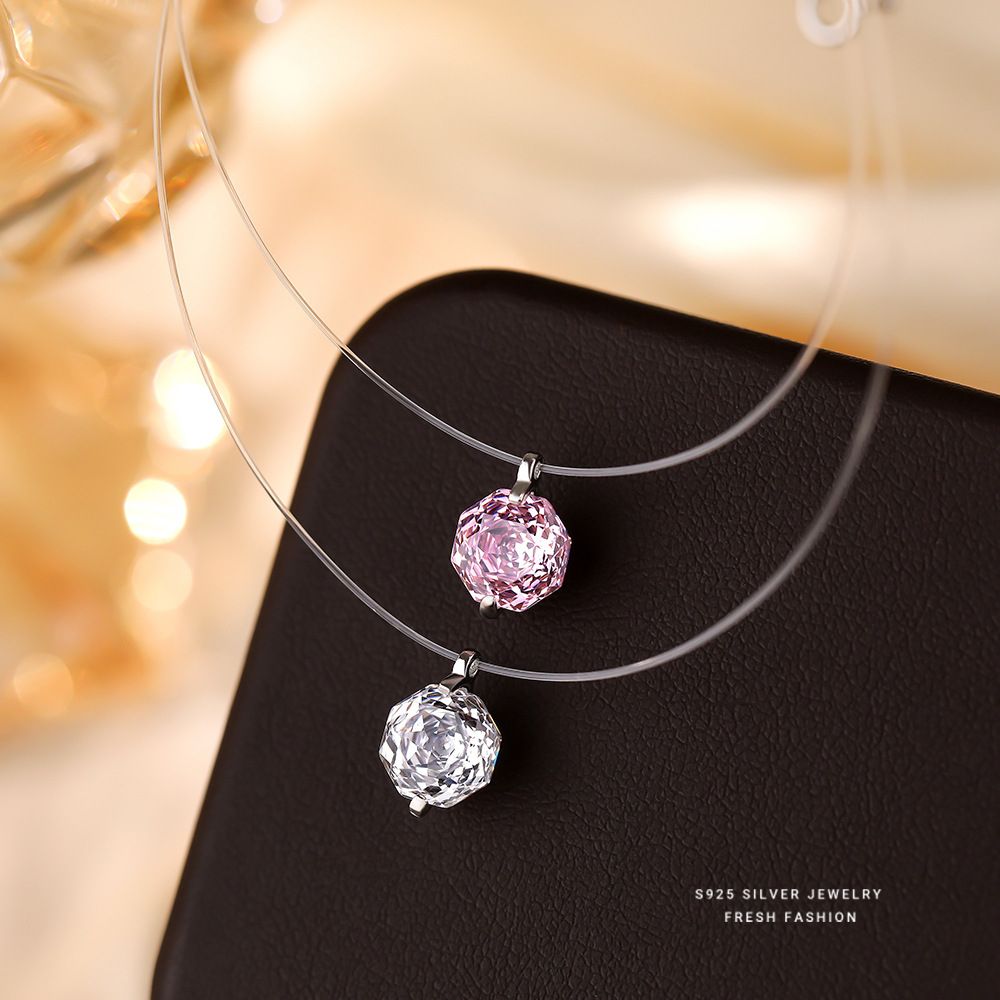 新款人鱼之泪玫瑰切项链女S925纯银超闪5A彩锆气质透明鱼线锁骨链