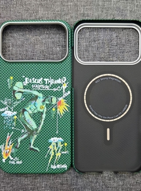 适用iPhone17promax凯夫拉轻薄防摔手机壳涂鸦保护壳卡通碳纤维保护套绿色文字图案超薄磁吸新潮防滑手机套