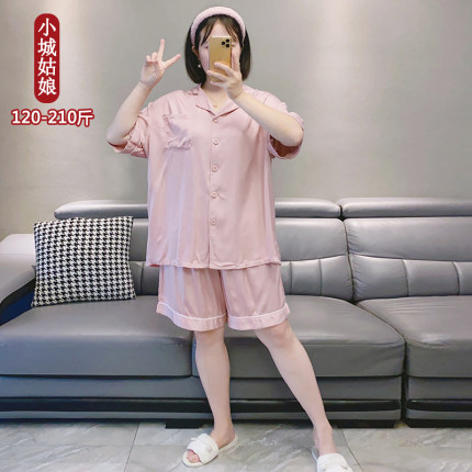 简约丝滑睡衣女款夏季大码200斤开衫短袖短裤宽松胖mm家居服套装