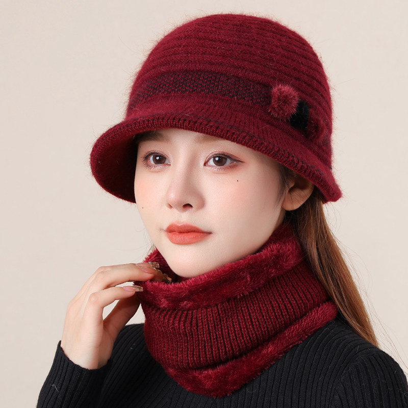 保暖兔毛帽中老年人妈妈帽子秋冬季女士围脖两件套老太太冬天盆帽