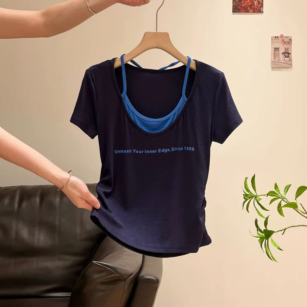 字母印花绑带挂脖假两件女夏季V卫衣/绒衫
