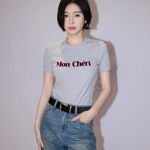 正肩短袖女复古百搭印花圆领宽松显瘦上衣新款8686