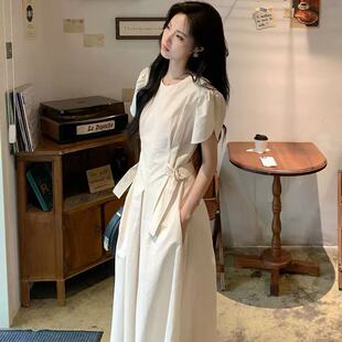 白色复古收腰连衣裙女夏季韩式简约设计感气质显瘦长裙86565