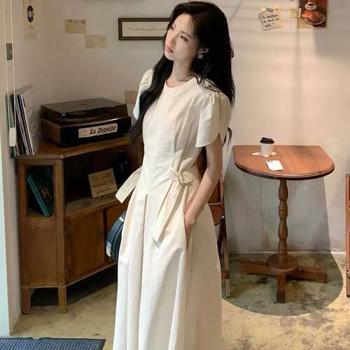 白色复古收腰连衣裙女夏季韩式简约设计感气质显瘦长裙86565