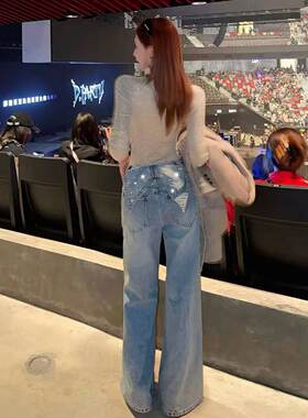 【可拆卸蝴蝶结】奥地利烫钻中腰直筒牛仔裤女显瘦长裤2699