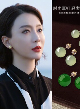 和田玉银针耳钉女高级感轻奢2025新款新中式绿色耳坠国风古风耳饰
