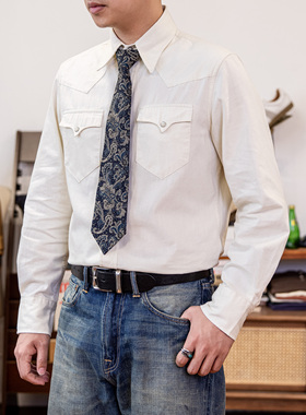 红风 复古西部衬衫男春秋美式尖领爪扣绅装白色休闲衬衣复刻双RL