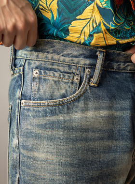 红风 复古洗水赤耳丹宁薄款修身直筒破洞牛仔裤男复刻visvim03D10