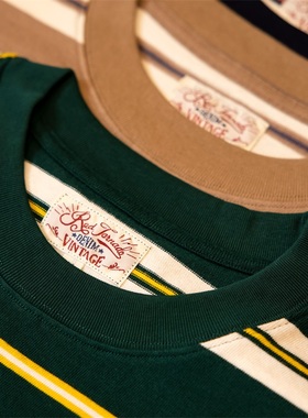 红风 美式复古条纹短袖男320g重磅常青藤学院风T恤情侣日系运动衫