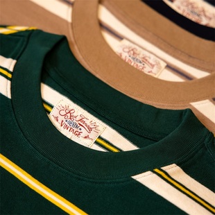 红风 美式复古条纹短袖男320g重磅常青藤学院风T恤情侣日系运动衫