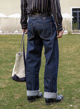 红风 宽松直筒裤牛仔裤重磅赤耳丹宁美式复古人字纹工装裤阔腿裤