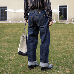红风 宽松直筒裤牛仔裤重磅赤耳丹宁美式复古人字纹工装裤阔腿裤