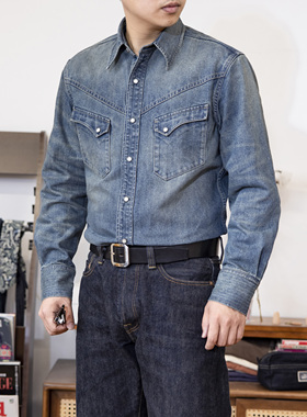 红风 美式工装长袖衬衫男春秋重磅复古西部牛仔翻领洗水衬衣 双RL