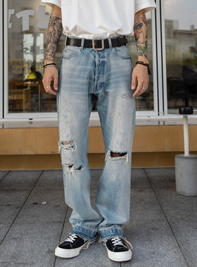 红风水洗牛王  美式牛仔裤宽松直筒破洞流苏洗水牛 Wesley Zuma