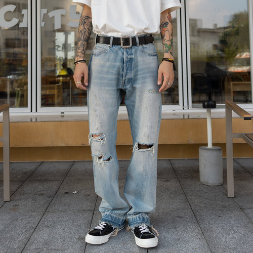 红风水洗牛王  美式牛仔裤宽松直筒破洞流苏洗水牛 Wesley Zuma