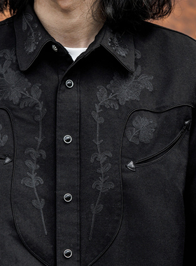 红风 音乐家衬衫长袖复古花卉刺绣重磅黑色羊毛西部衬衣 复刻双RL