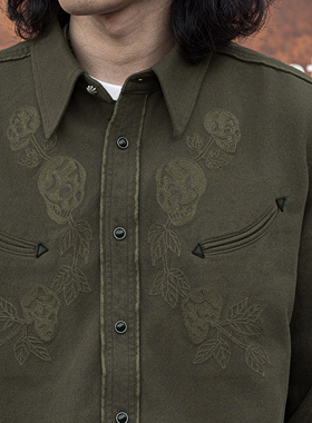 红风 骷髅刺绣音乐家衬衫男长袖秋冬暗绿色美式复古重磅西部衬衣