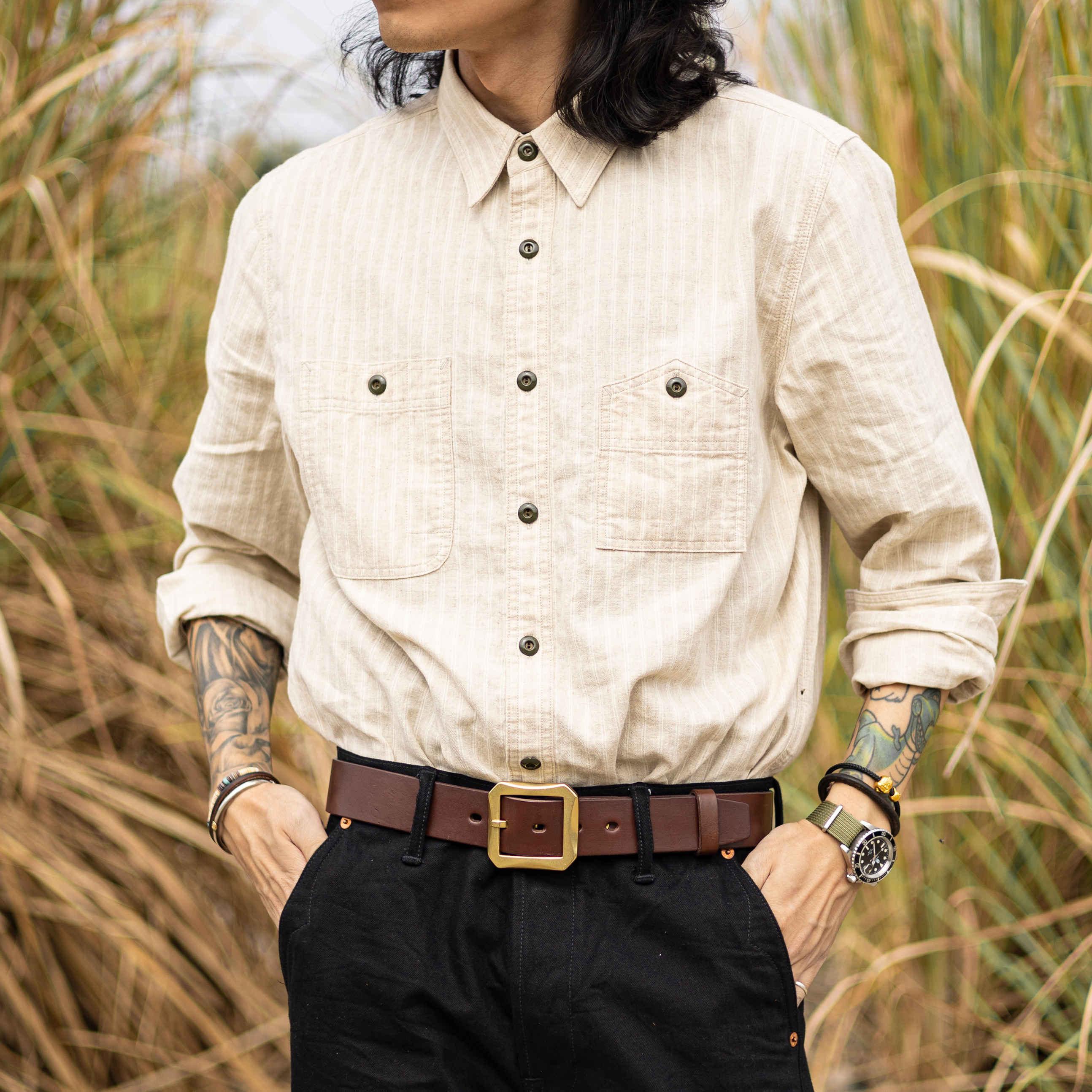 红风旧谷织纹复古美式工装衬衣条纹衬衫男长袖棉麻