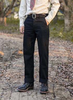 红风 黑色宽松直筒阔腿军官裤赤耳丹宁原牛CHINO中高腰牛仔裤男