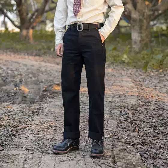 Red Wind Black Loose Straight-Leg Wide-Leg Officer Pants Selvedge Denim Raw Denim Chino Mid-High Waist Jeans for Men
