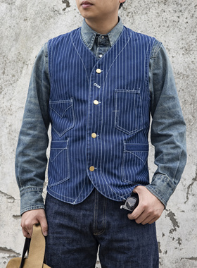 红风 美式工装马甲条纹背心复古WABASH点状拔染 复刻Freewheelers