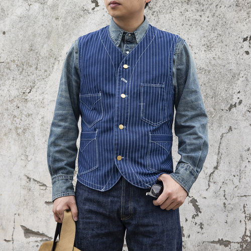 红风 美式工装马甲条纹背心复古WABASH点状拔染 复刻Freewheelers