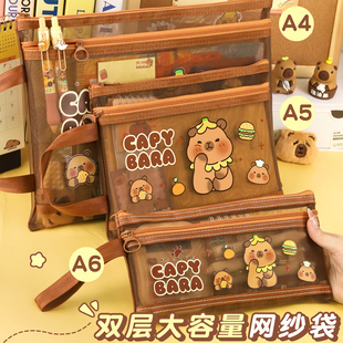 A4透明双层网纱文件袋小学生专用试卷收纳袋初中生文具铅笔袋拉链式 手提袋资料袋学科目分类袋补习袋收纳袋a5