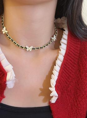 蝴蝶项链女法式黑色编织中古项链百搭高级感小众设计时尚项圈颈链