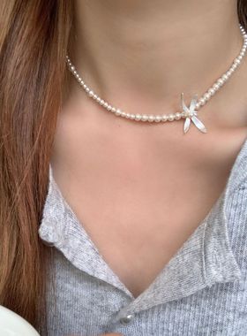 银色新中式兰花仿珍珠锁骨链