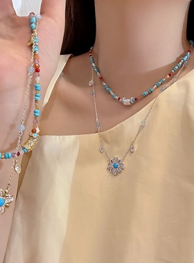 波西米亚蓝色绿松石双层叠戴项链