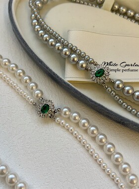 倪妮同款祖母绿仿珍珠双层锁骨链