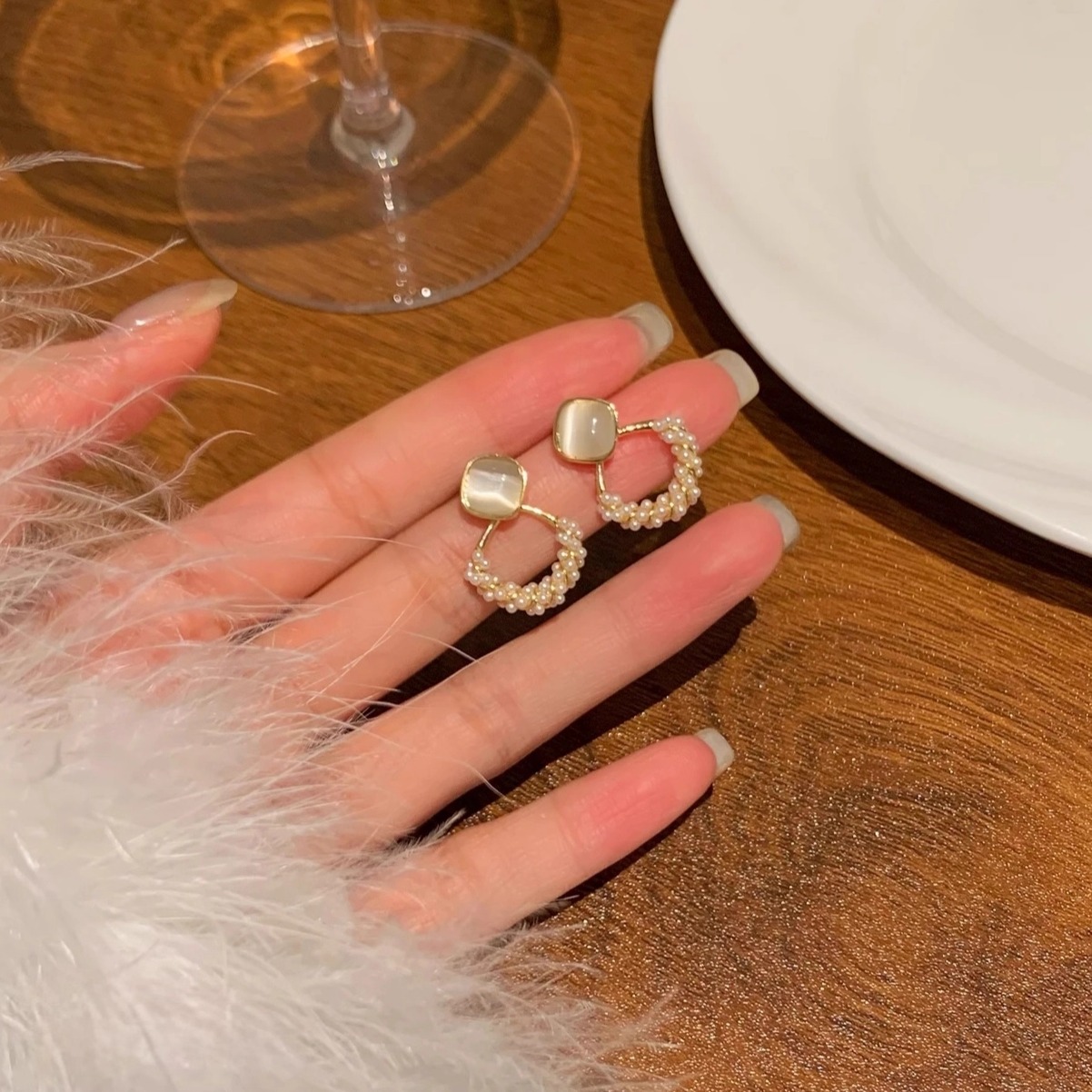 S925银针方糖猫眼石珍珠耳钉