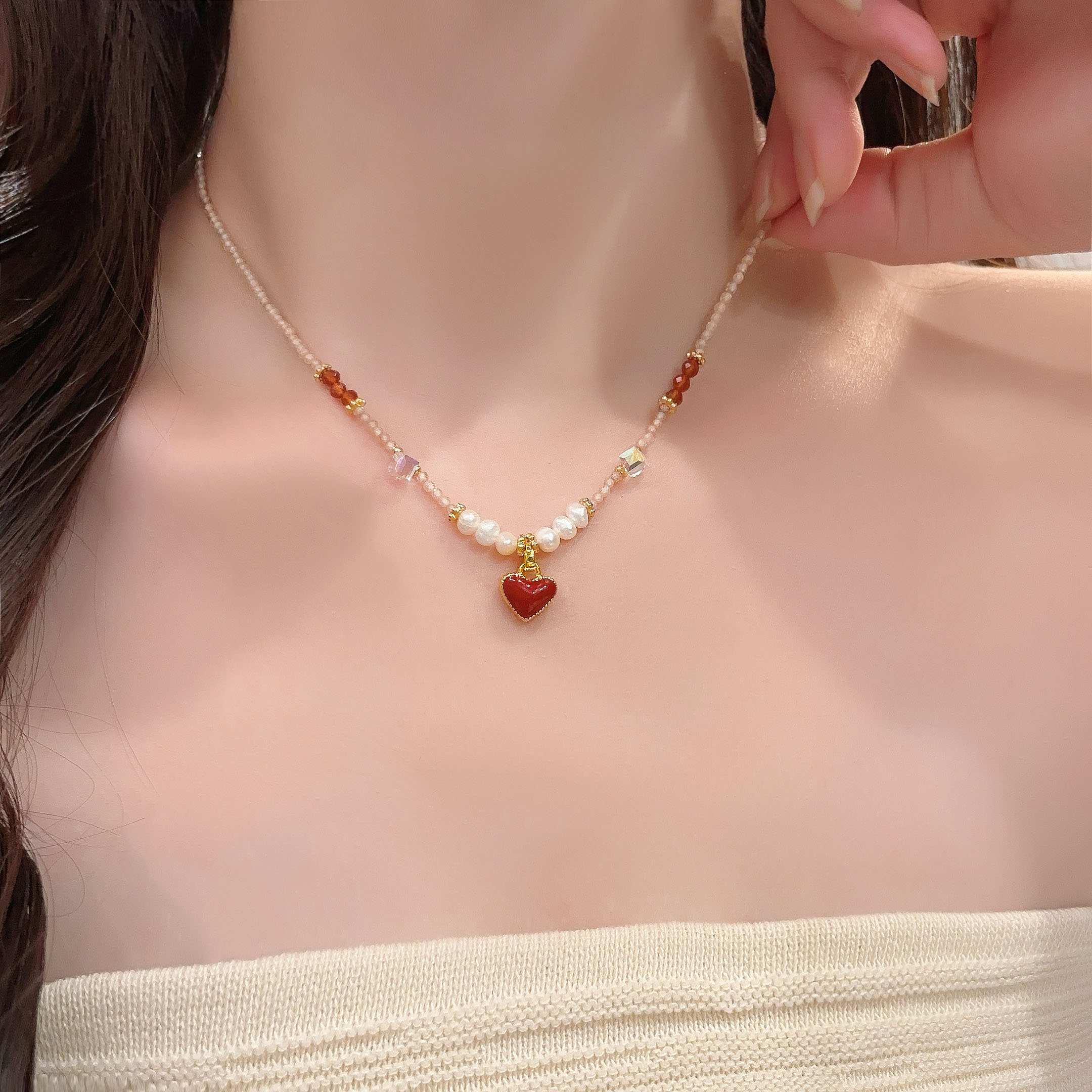 法式宫廷风双面爱心吊坠项链