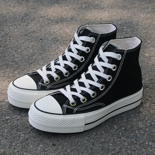 环球厚底女鞋2025年秋季新款百搭透气高帮帆布鞋白色软底运动板鞋