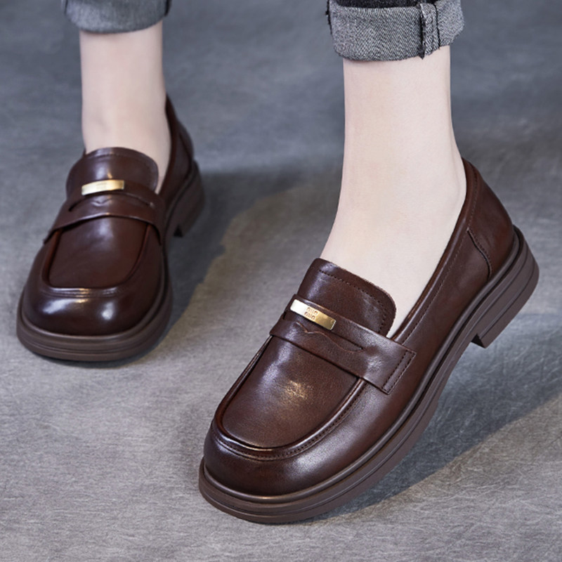 真皮女鞋2025春秋新款头层牛皮百搭透气一脚蹬乐福鞋英伦风小皮鞋