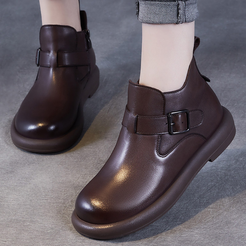 头层牛皮英伦风真皮短靴女冬季保暖马丁靴皮带扣百搭平底复古短靴