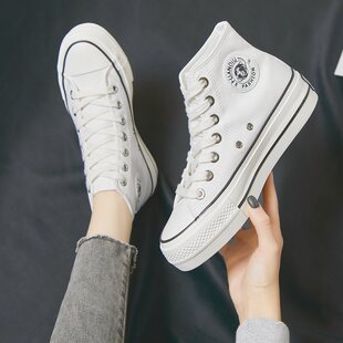 环球女鞋2025春季新款高帮帆布鞋透气小白鞋厚底运动休闲ins板鞋