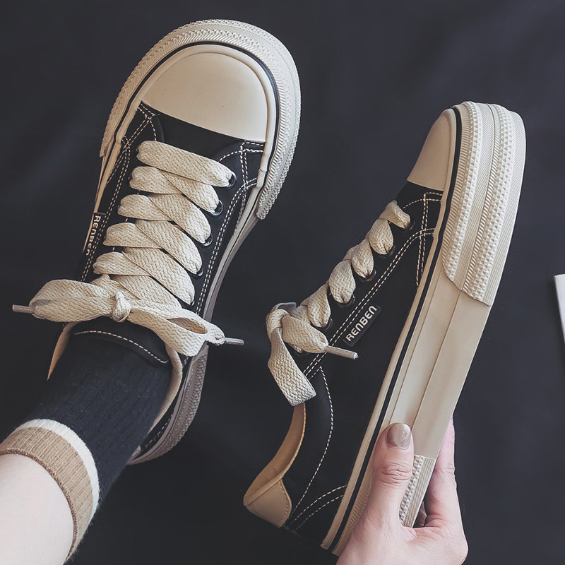 人本厚底帆布鞋女韩版交叉绑带圆头复古休闲潮板鞋软底透气小白鞋