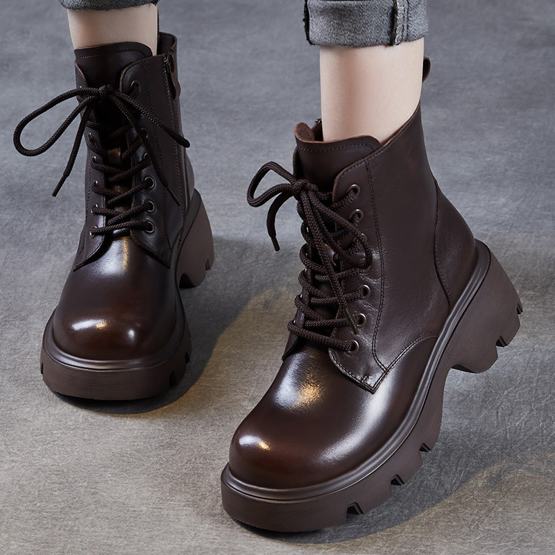 头层牛皮女鞋加绒真皮厚底马丁靴女英伦复古系带短靴增高经典靴子