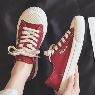 人本红色帆布鞋女2025夏季新款