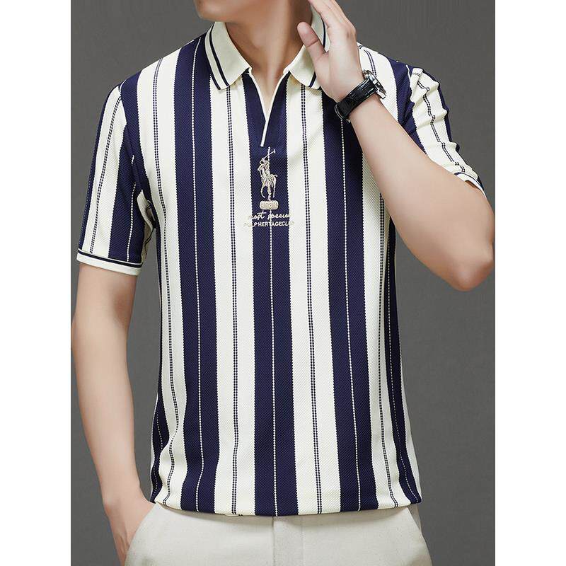夏季男士短袖t恤衫时尚休闲新款商务POLO衫V领刺绣竖条上衣爸爸装