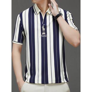 夏季男士短袖t恤衫时尚休闲新款商务POLO衫V领刺绣竖条上衣爸爸装