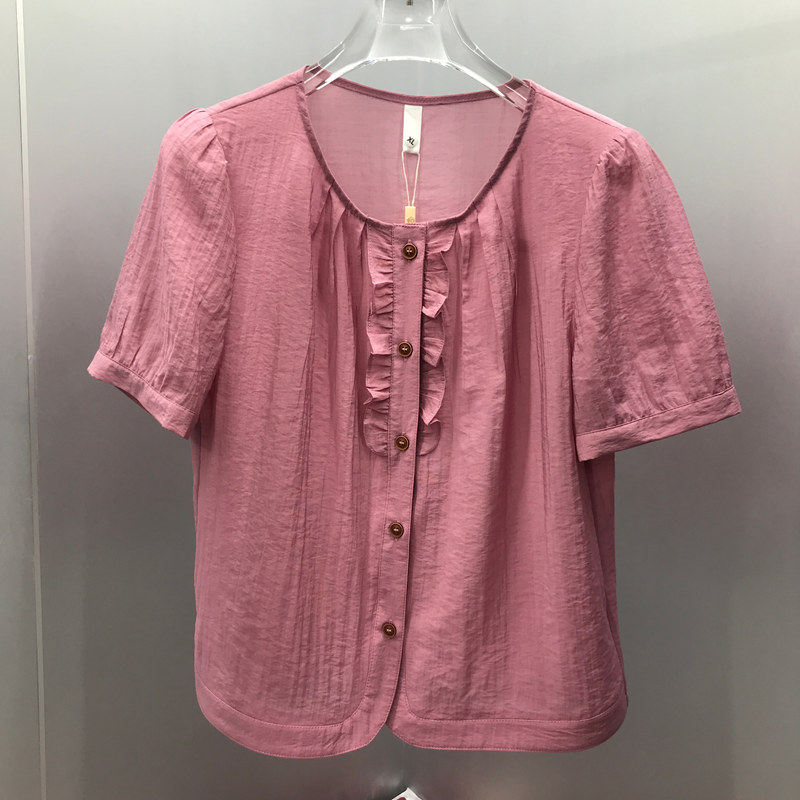 粉色短袖衬衫女夏季新款时尚百搭通勤木耳边开衫纽扣上衣妈妈小衫