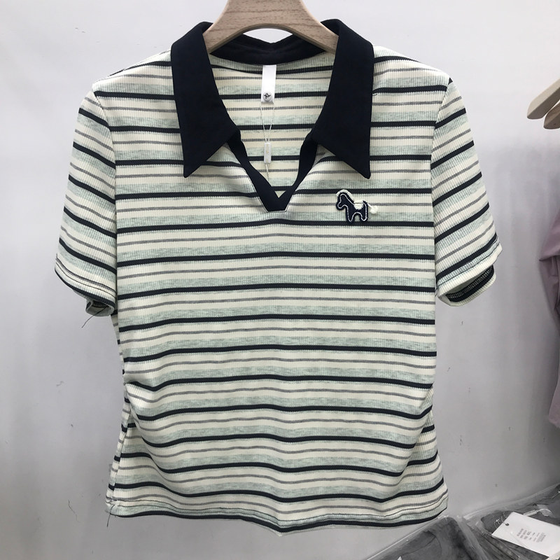 夏季撞色条纹POLO领短袖T恤女